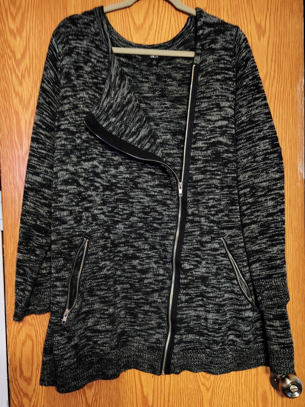 Black Gray Marled Knit Zip Up Cardigan Jacket Zipper Pockets Minimalist Casual